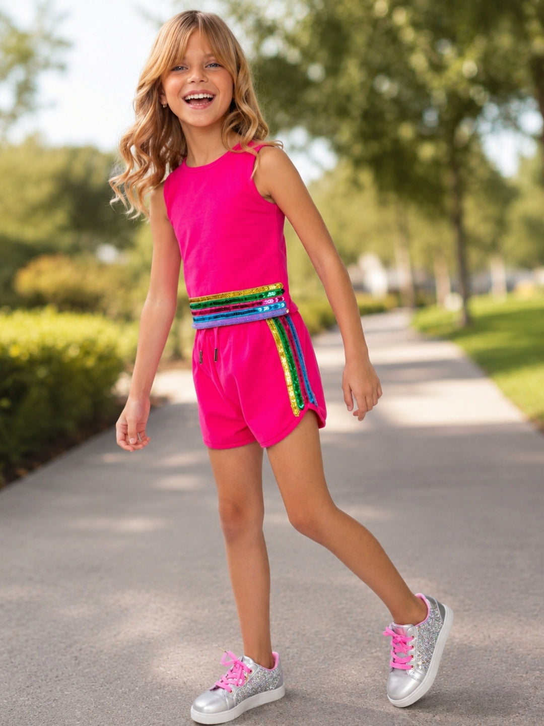 Neon Glow Sequin Active Tank and Short Set
