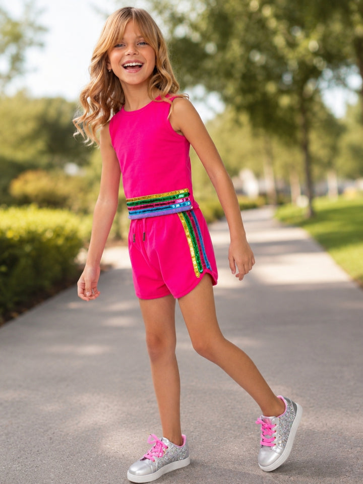 Neon Glow Sequin Active Tank and Short Set
