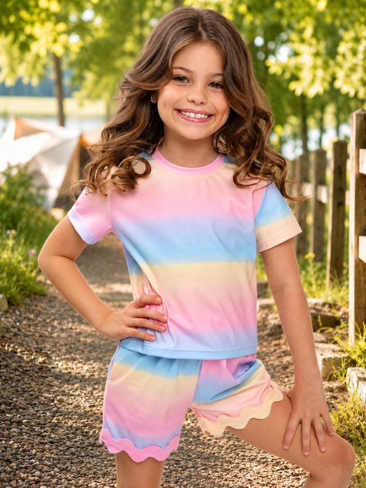 Girls pastel rainbow short set with matching top and shorts