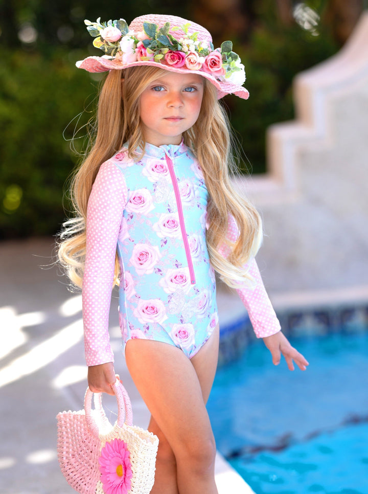 Girls Floral Rash Guard One Piece Swimsuit | Mia Belle Girls Swimwear