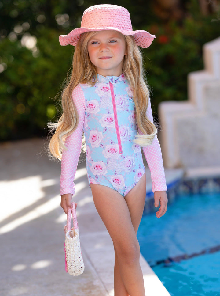 Girls Floral Rash Guard One Piece Swimsuit | Mia Belle Girls Swimwear
