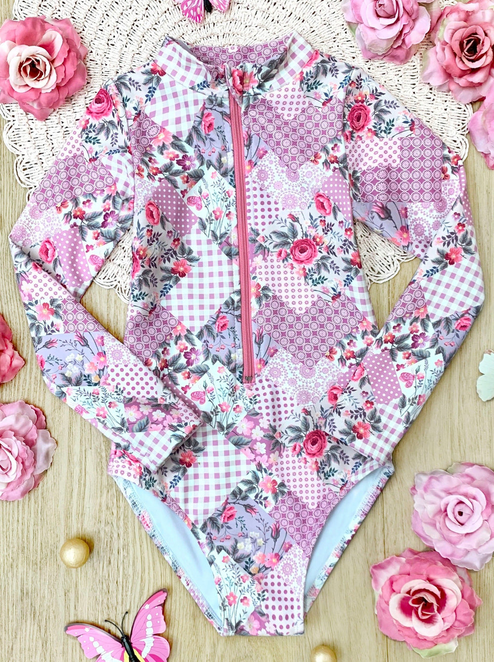 Girls Pink Patchwork One Piece Swimsuit | Mia Belle Girls Swimwear