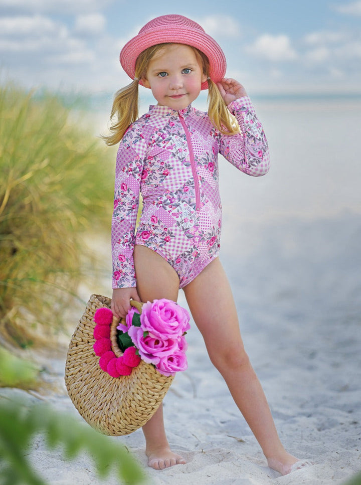Girls Pink Patchwork One Piece Swimsuit | Mia Belle Girls Swimwear