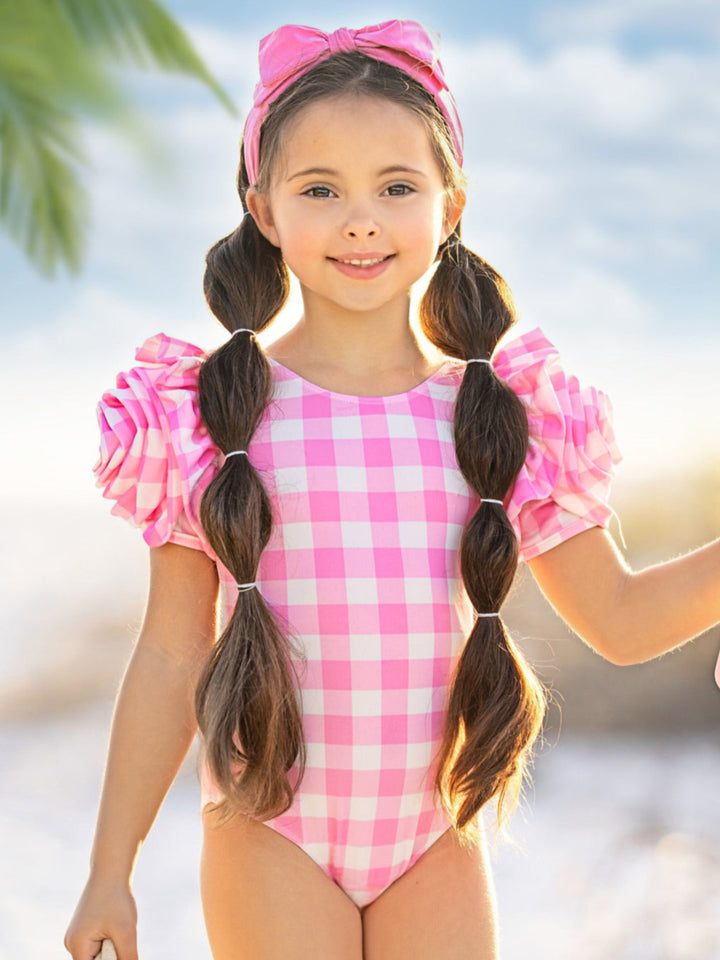 Girly Gingham Rose Shoulder One Piece Swimsuit Mia Belle Girls
