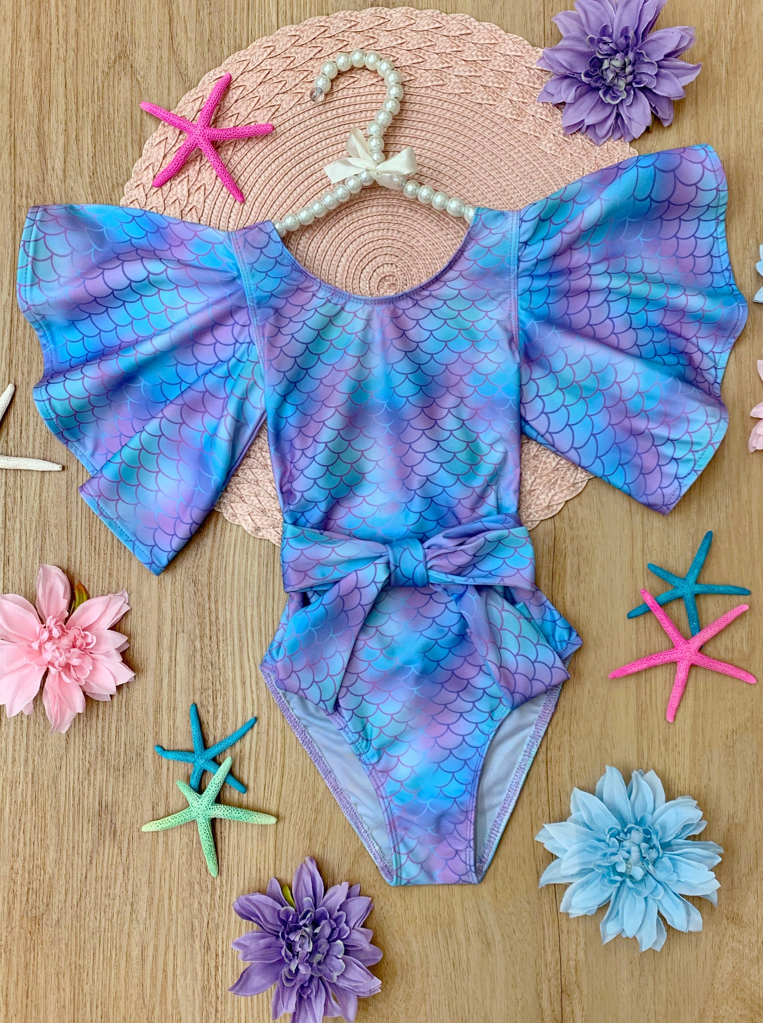 【Lumignon】Check mermaid sleeve onepiece Aqua-Dorable Flare Sleeve One Piece Swimsuit – Mia Belle Girls