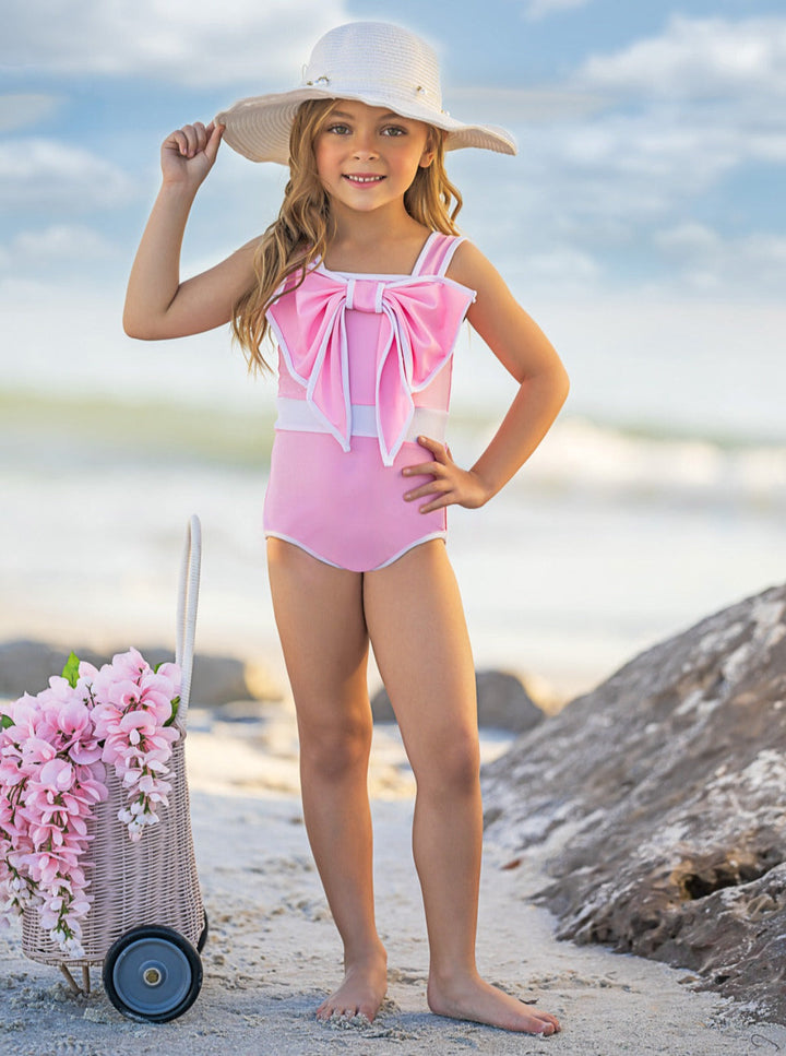 Mia Belle Girls Swimwear | Statement Bow Pink One Piece Swimsuit