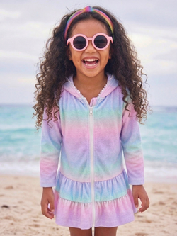 Pastel Waves Hooded Terry Ruffle Cover Up