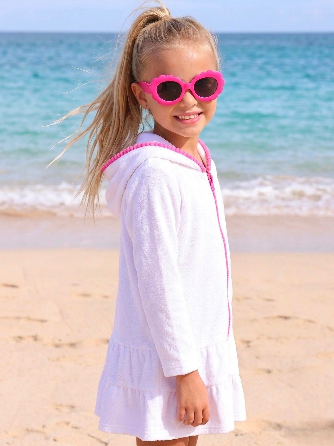 Girls beach cover up terry cloth white with hood