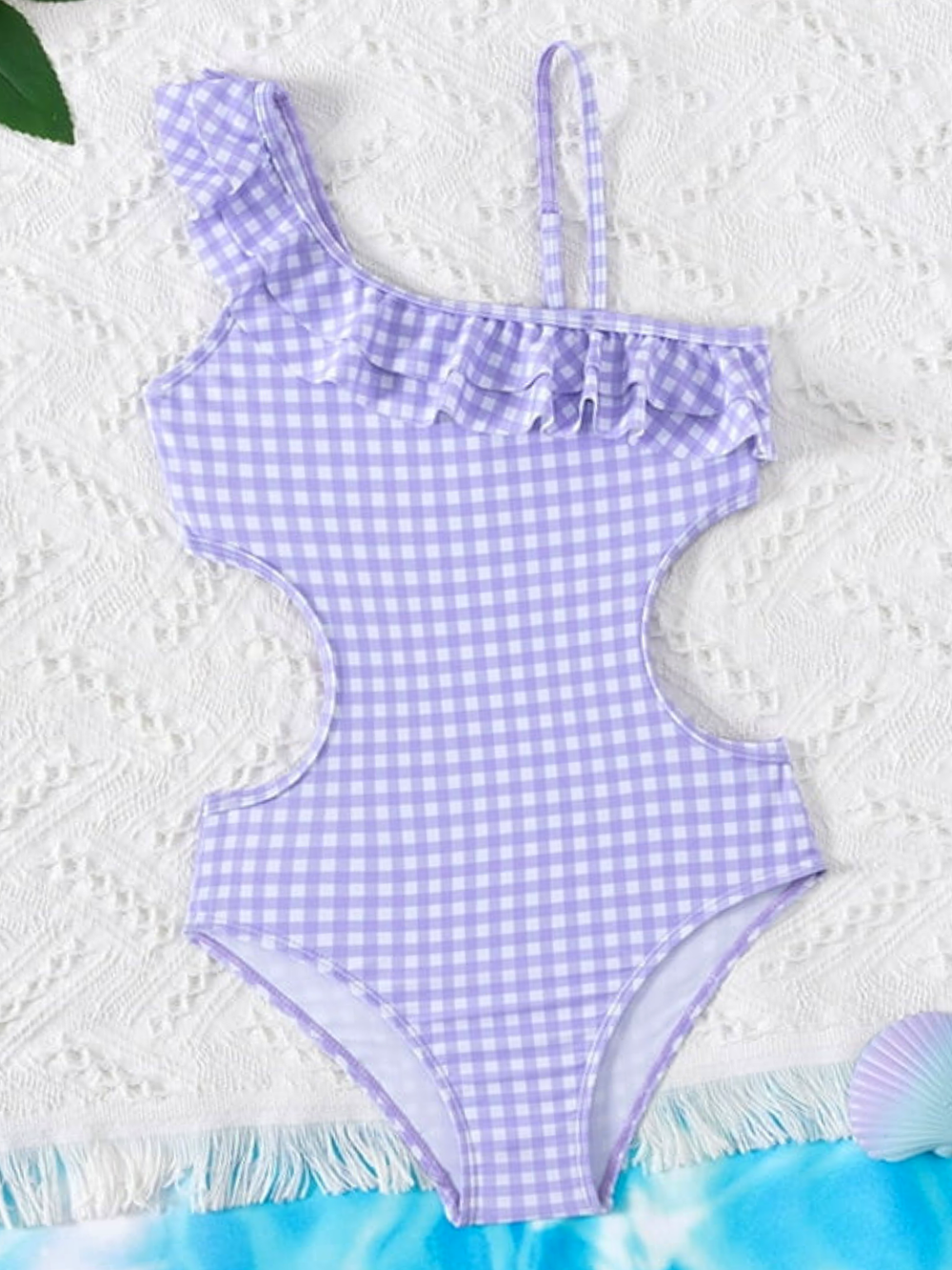 Girls vacation swimwear one shoulder gingham suit