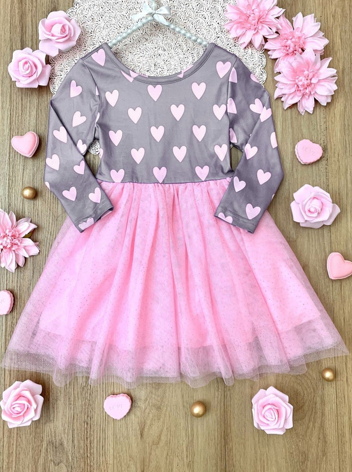 Valentines Day Outfits | Girls Heart Print Sparkle Glitter Tutu Dress