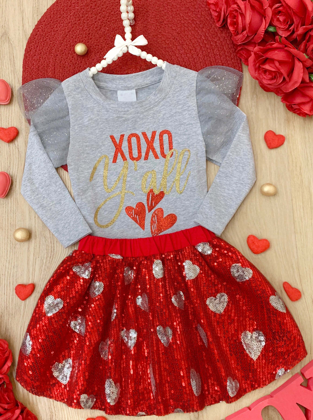 XOXO Y'all Sequin Skirt Set Mia Belle Girls