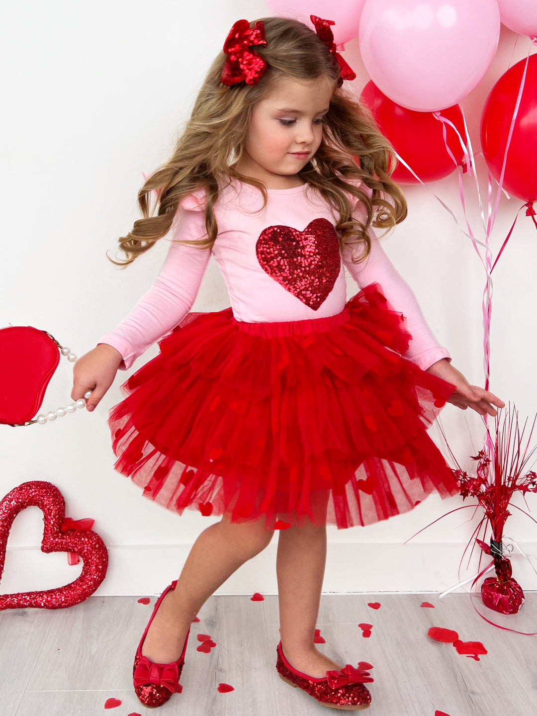 Sparkling Heart Ruffle Shoulder Top and Tiered Skirt Set Mia Belle Girls