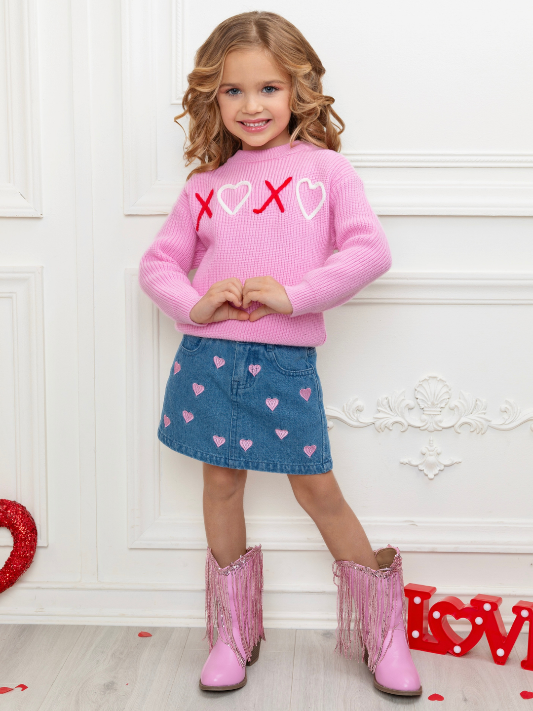 XOXO Embroidered Pink Sweater and Denim Skirt Set Mia Belle Girls