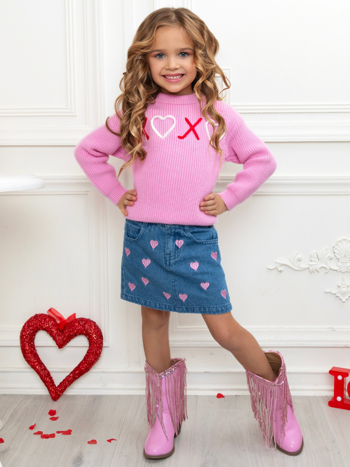 XOXO Embroidered Pink Sweater and Denim Skirt Set Mia Belle Girls