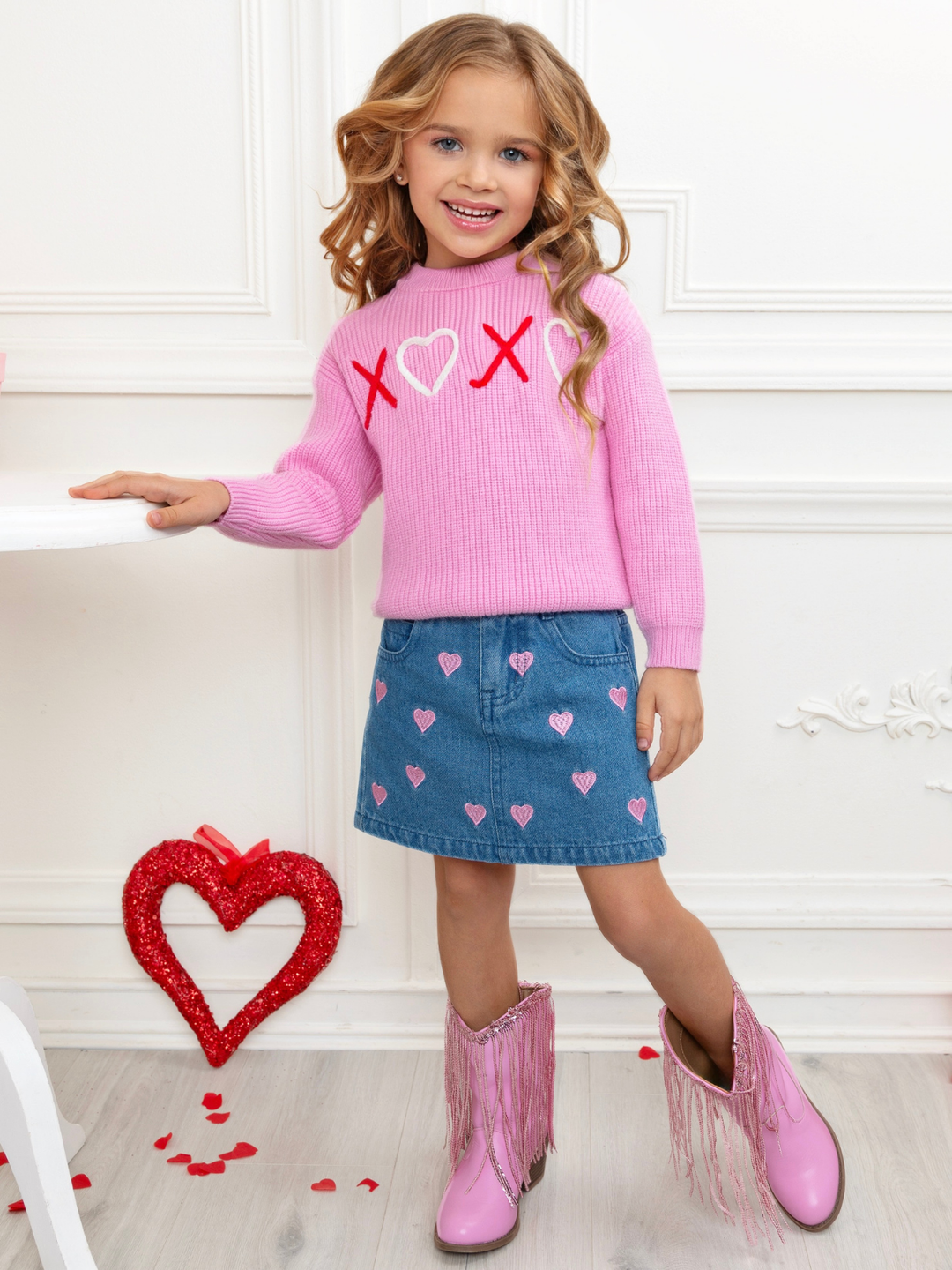 XOXO Embroidered Pink Sweater and Denim Skirt Set Mia Belle Girls