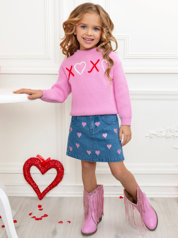 XOXO Embroidered Pink Sweater and Denim Skirt Set Mia Belle Girls