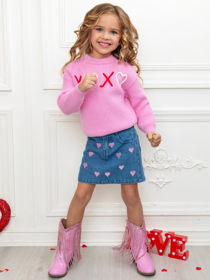 XOXO Embroidered Pink Sweater and Denim Skirt Set Mia Belle Girls