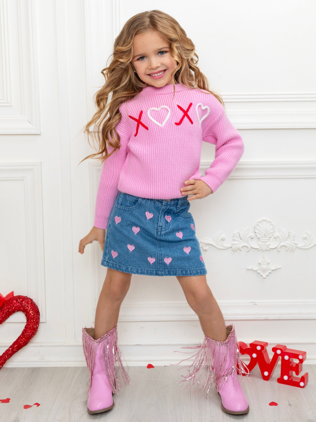 XOXO Embroidered Pink Sweater and Denim Skirt Set Mia Belle Girls