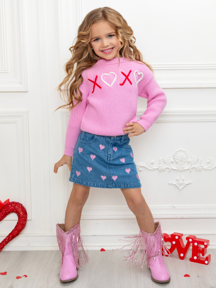 XOXO Embroidered Pink Sweater and Denim Skirt Set Mia Belle Girls