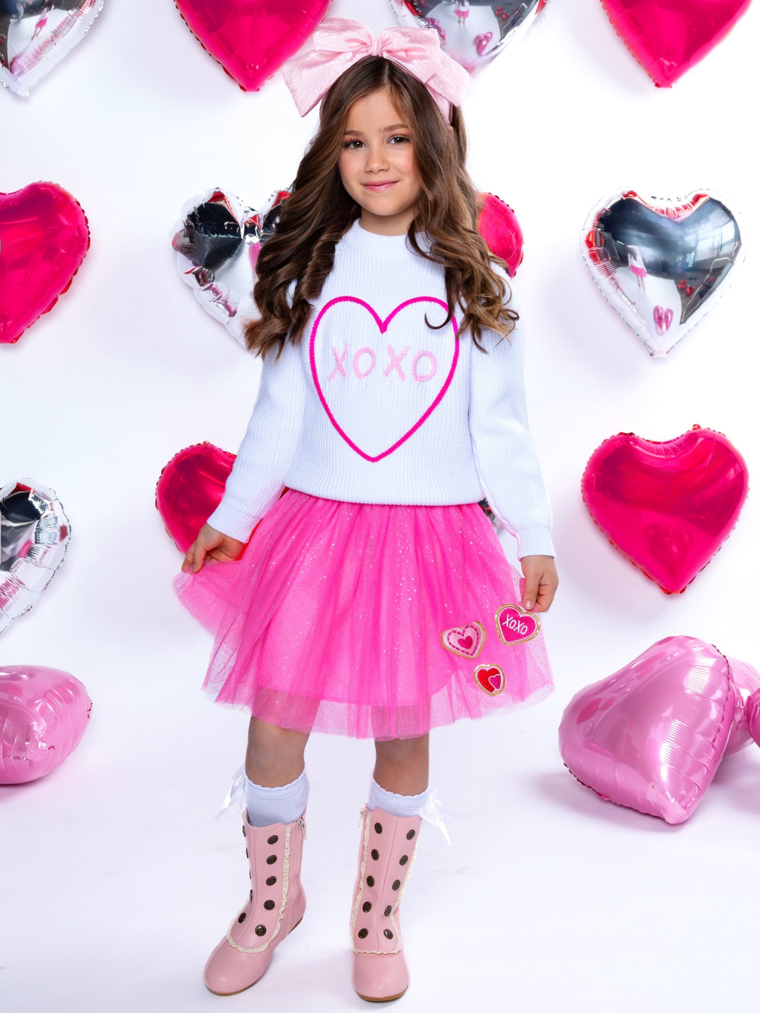 XOXO Embroidered Sweater and Heart Patch Tutu Skirt Set Mia Belle Girls