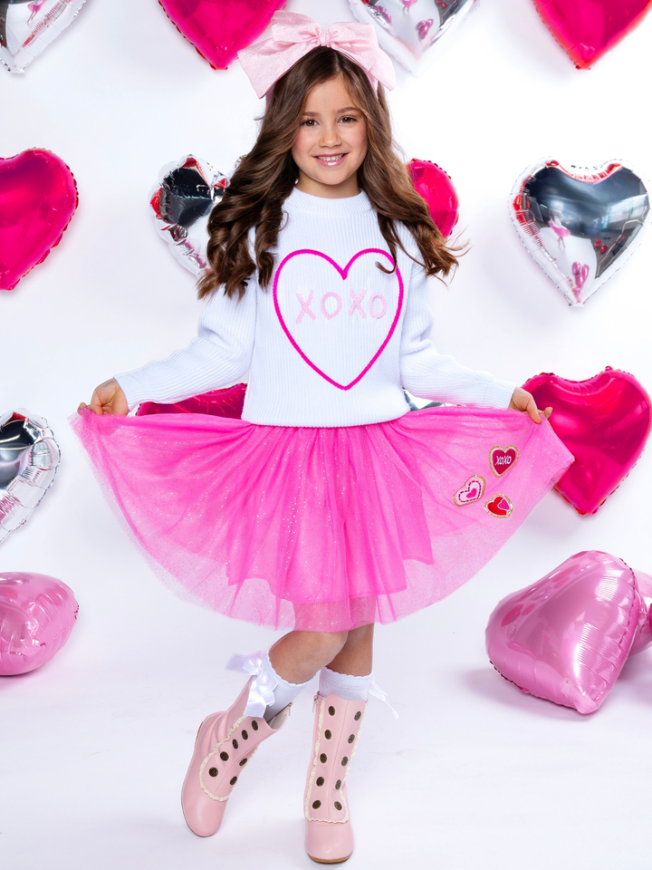 XOXO Embroidered Sweater and Heart Patch Tutu Skirt Set Mia Belle Girls