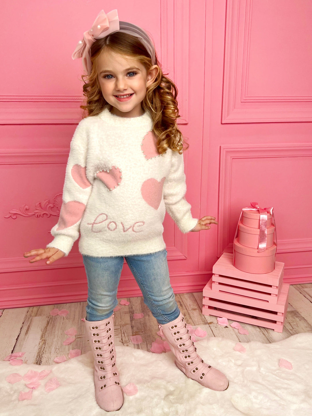 Mia Belle Girls Pink Hearts Pullover Sweater | Valentine's Tops