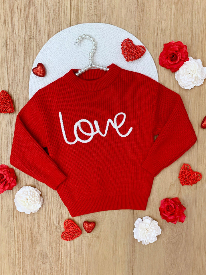"Love" At First Sight Embroidered Chunky Knit Sweater Mia Belle Girls