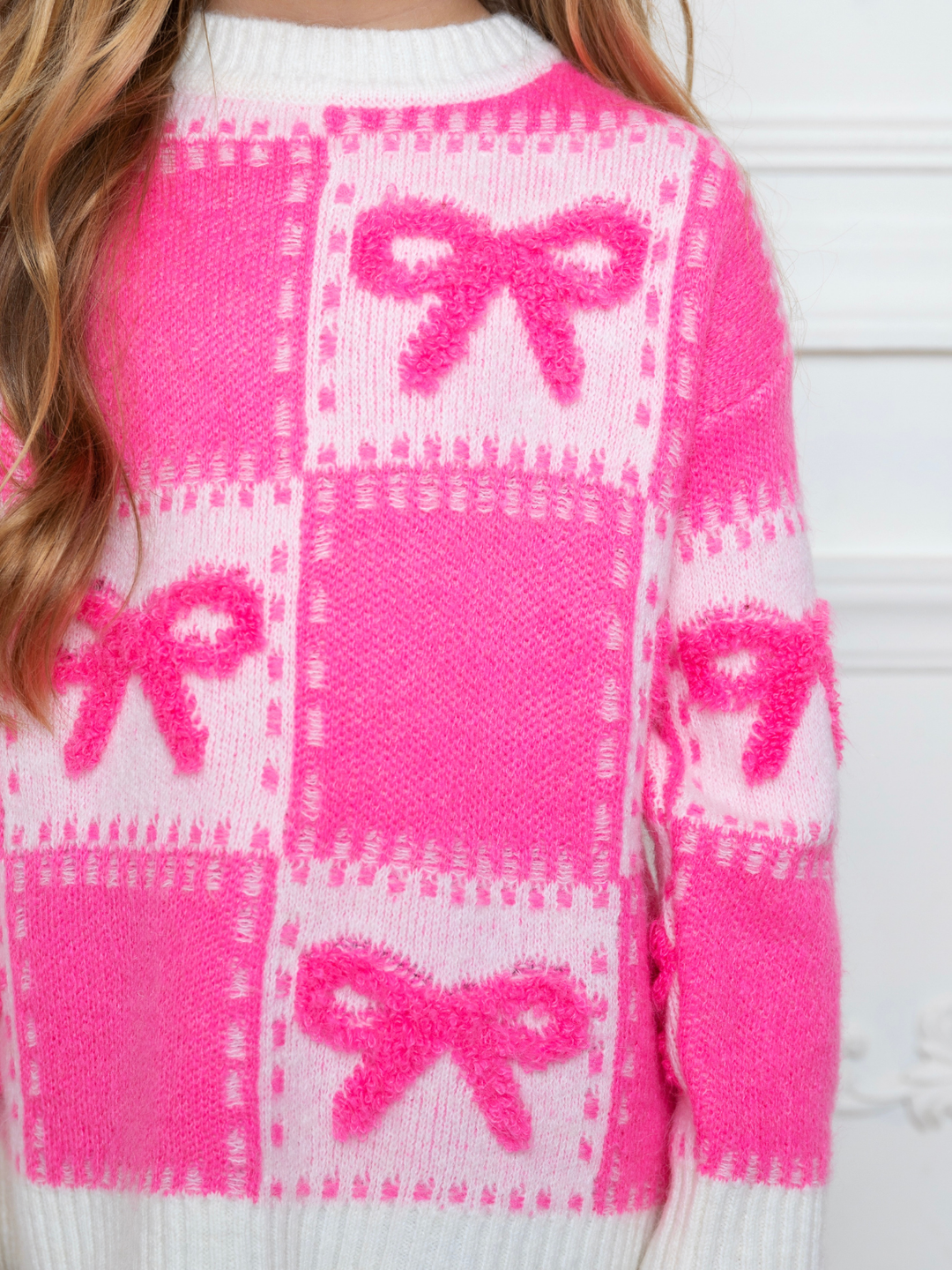Little girl fashion outfit with pink bow sweater