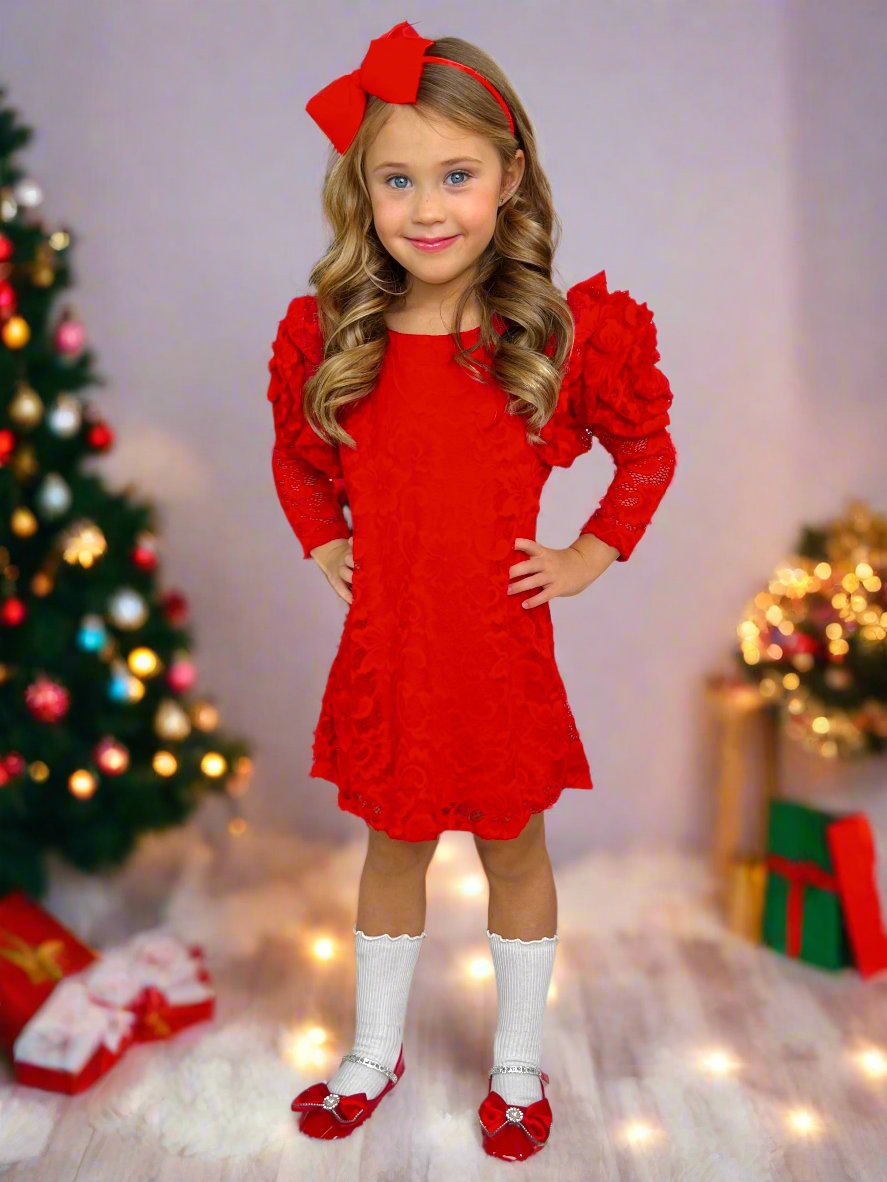 Ruby Princess Rosette Sleeve Red Lace Dress Mia Belle Girls