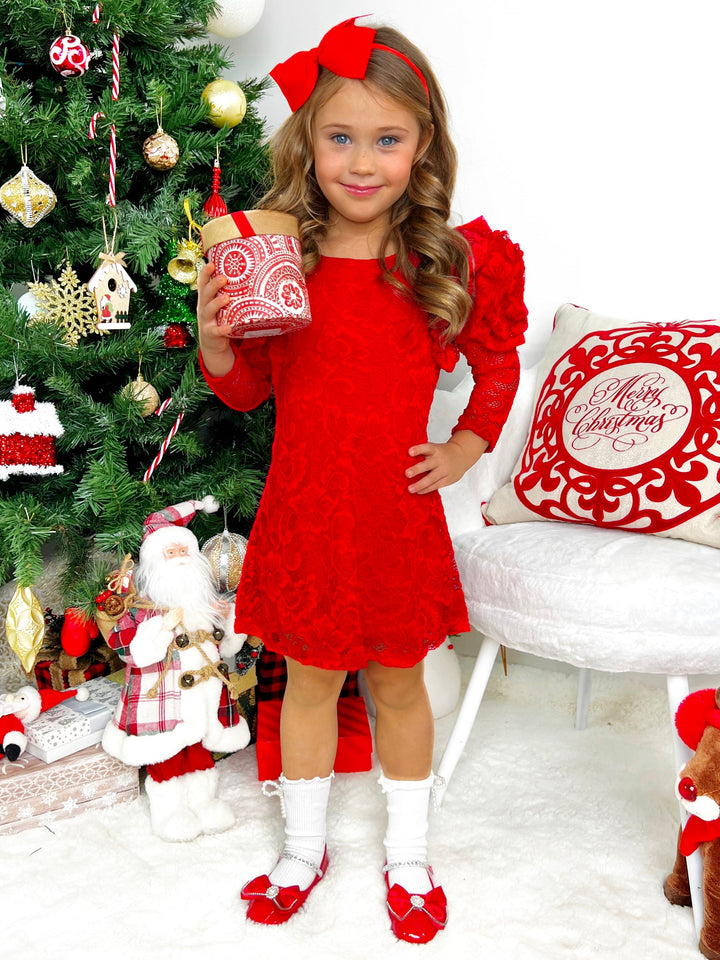 Ruby Princess Rosette Sleeve Red Lace Dress Mia Belle Girls