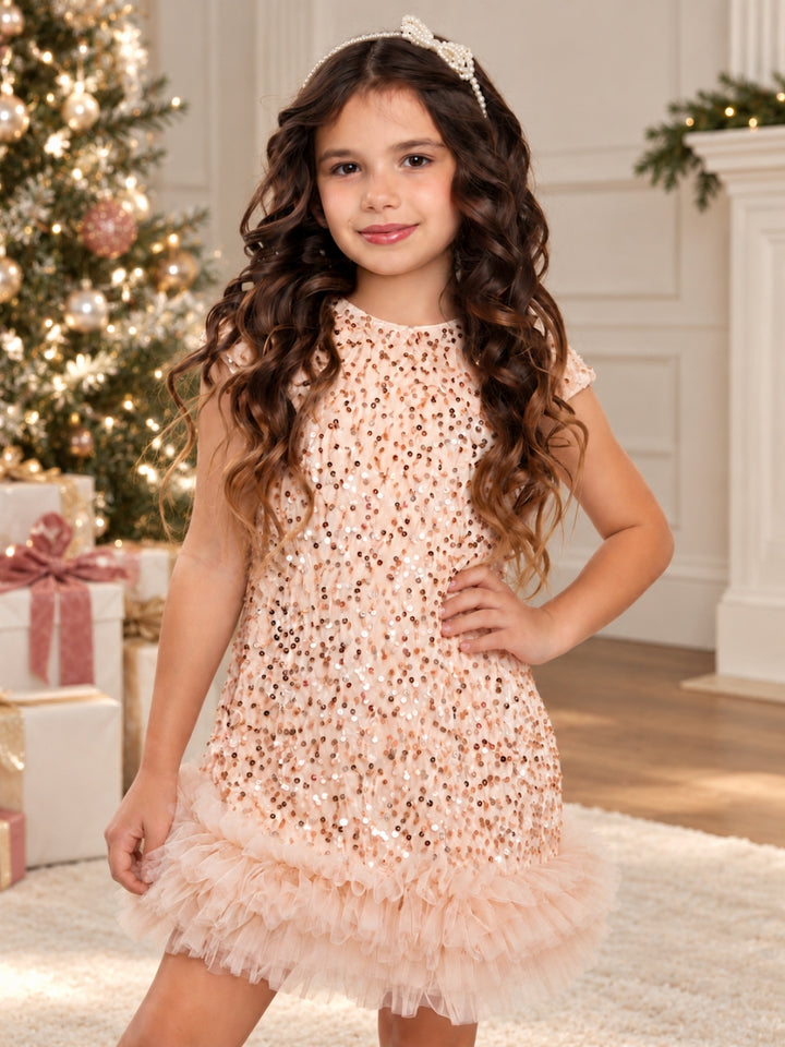 Gold Sequin Ruffle Hem Holiday Party Dress