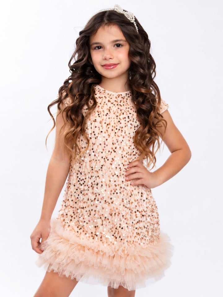 Gold Sequin Ruffle Hem Holiday Party Dress
