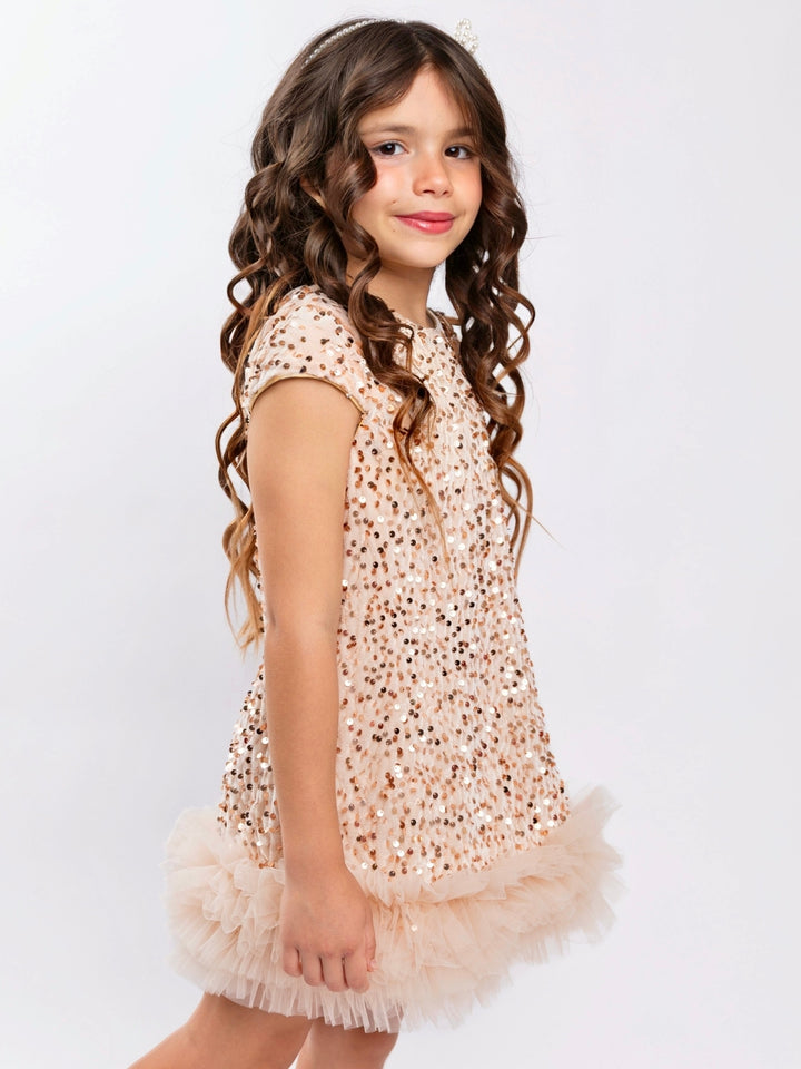 Gold Sequin Ruffle Hem Holiday Party Dress