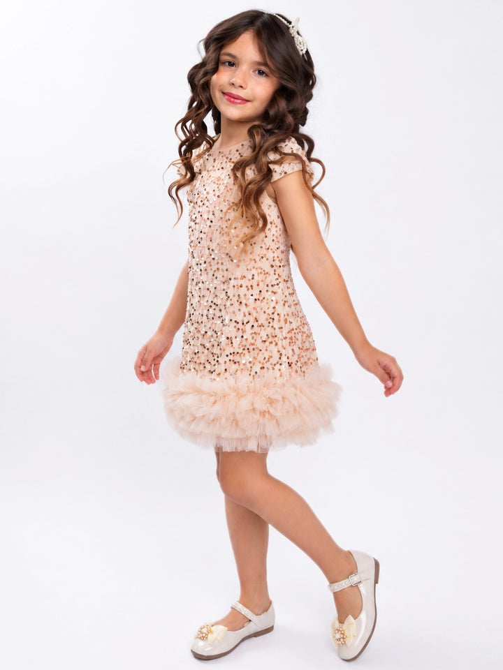 Gold Sequin Ruffle Hem Holiday Party Dress