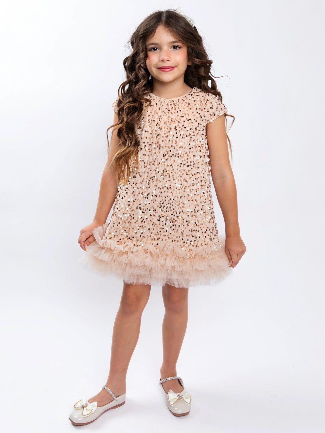Gold Sequin Ruffle Hem Holiday Party Dress