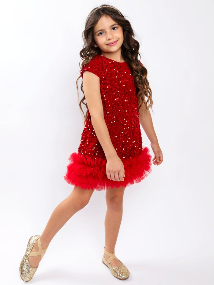 Red Sequin Ruffle Hem Holiday Party Dress