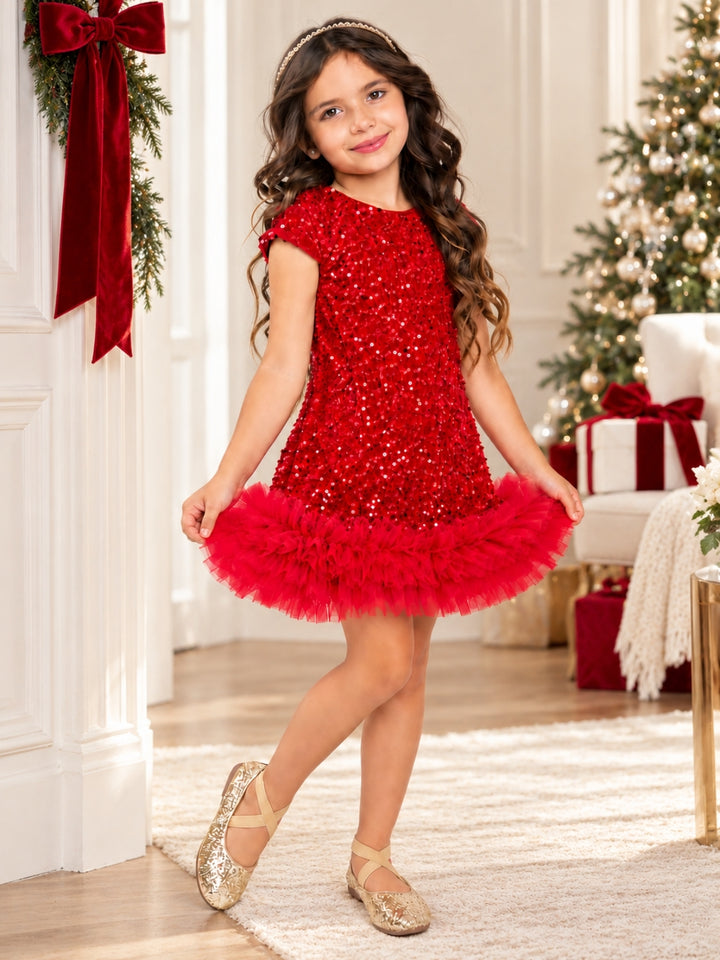 Red Sequin Ruffle Hem Holiday Party Dress