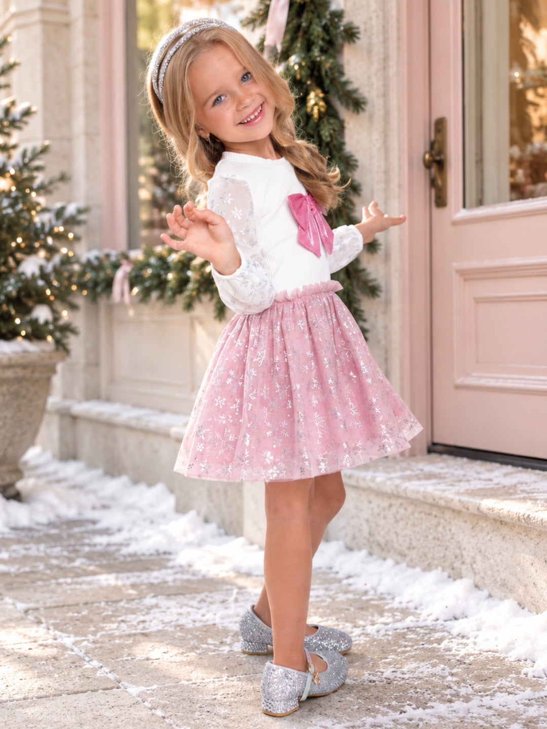 Snowflake Wishes Pink Bow Tulle Dress