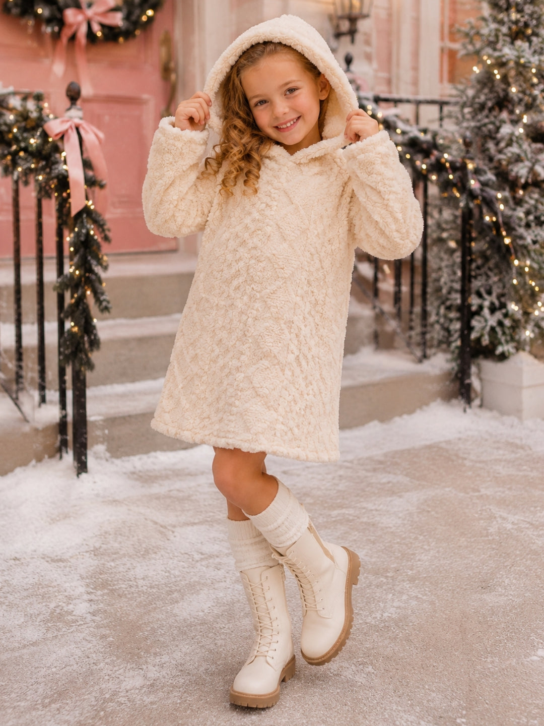 Cozy Charm Ivory Hooded Sweater Dress