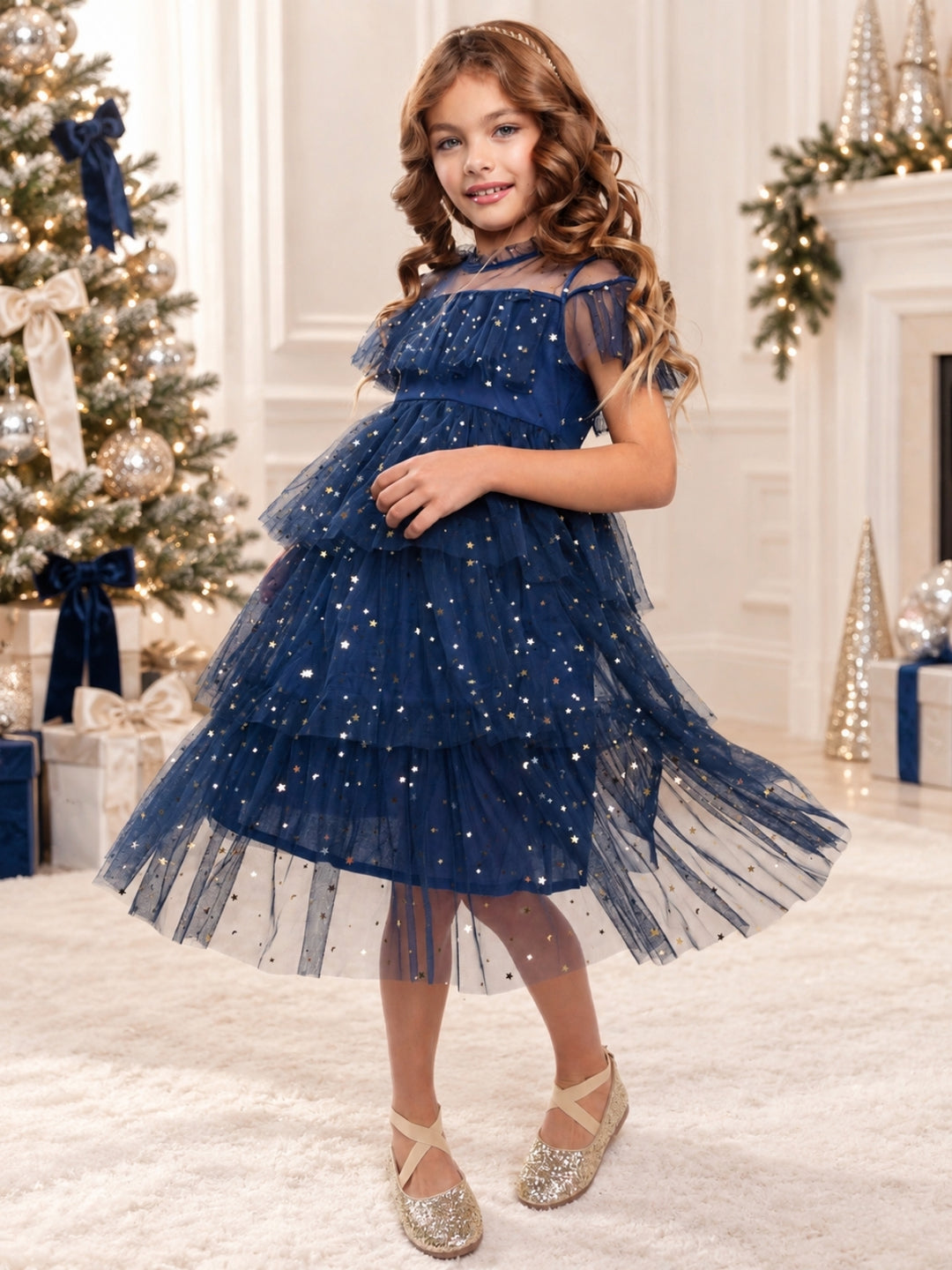 Navy Star Ruffle Tulle Holiday Party Dress