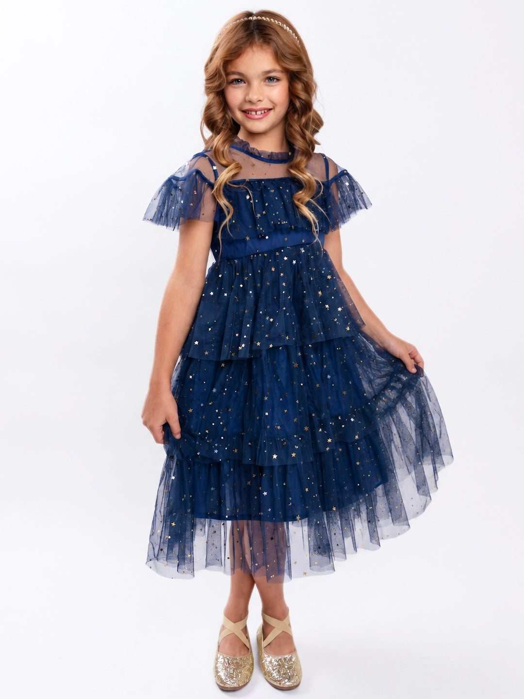 Navy Star Ruffle Tulle Holiday Party Dress