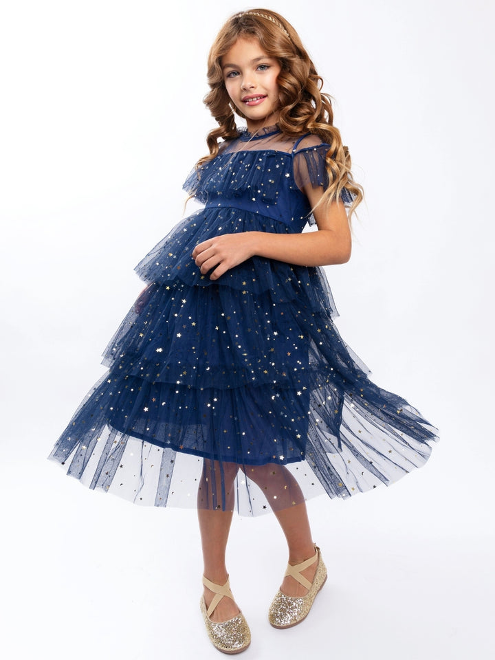 Navy Star Ruffle Tulle Holiday Party Dress
