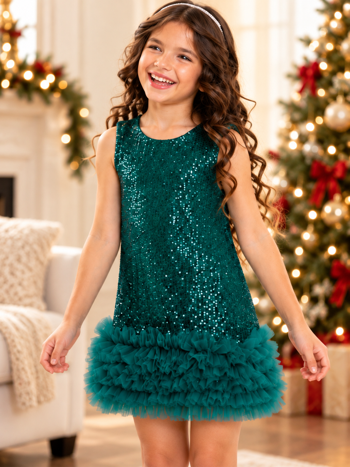 Emerald Green Sequin Ruffle Christmas Dress