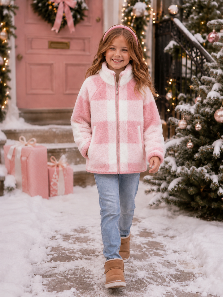 Sweet Snuggle Pink Check Plush Zip Jacket