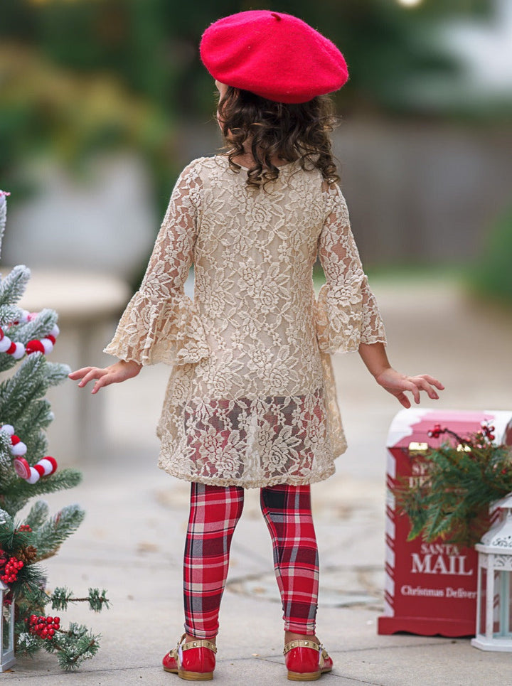 Mia Belle Girls Lace Tunic & Checkered Leggings | Tunic & Legging Set
