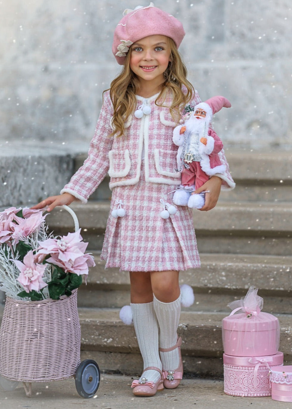 Mia Belle Girls Blush Tweed Blazer & Skirt Set | Girls Winter Outfits