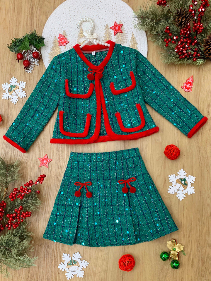 Made For Fashionistas Sequined Tweed Blazer and Skirt Set Mia Belle Girls
