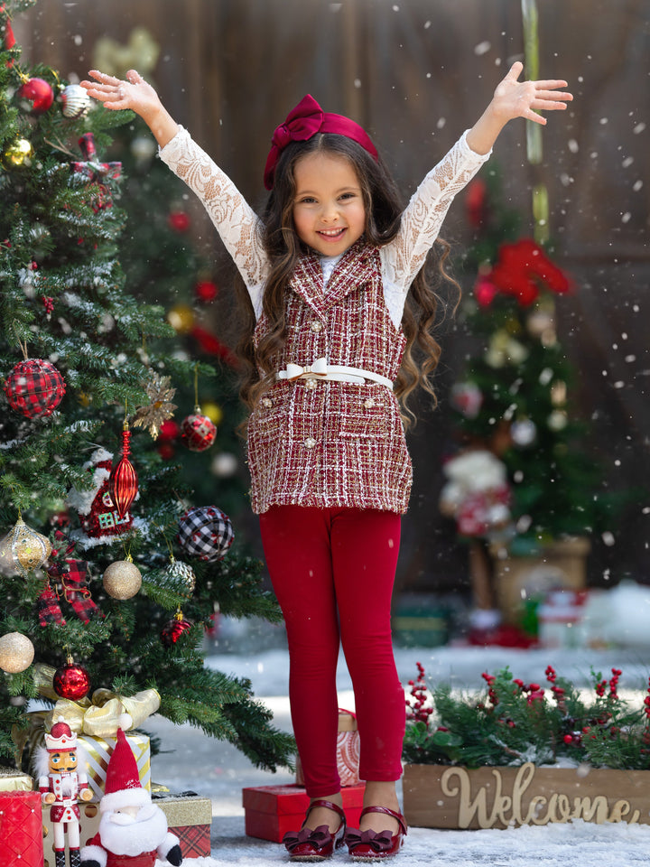 Frosty and Chic White Lace Top, Tweed Vest, Belt and Legging Set Mia Belle Girls