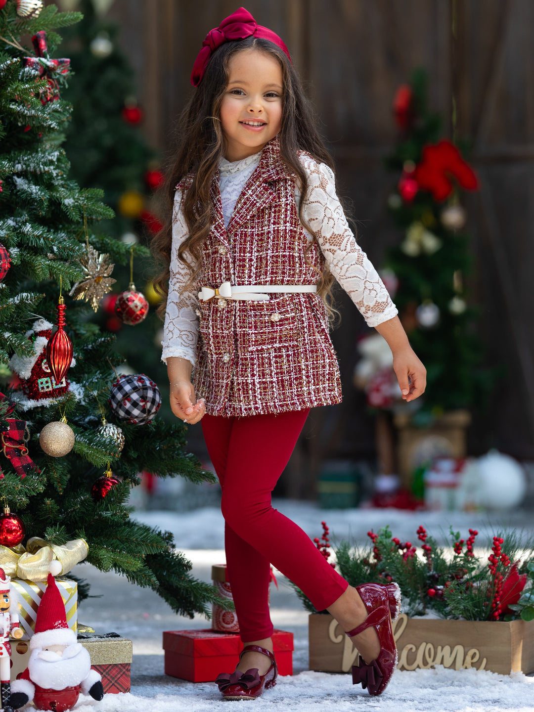 Frosty and Chic White Lace Top, Tweed Vest, Belt and Legging Set Mia Belle Girls