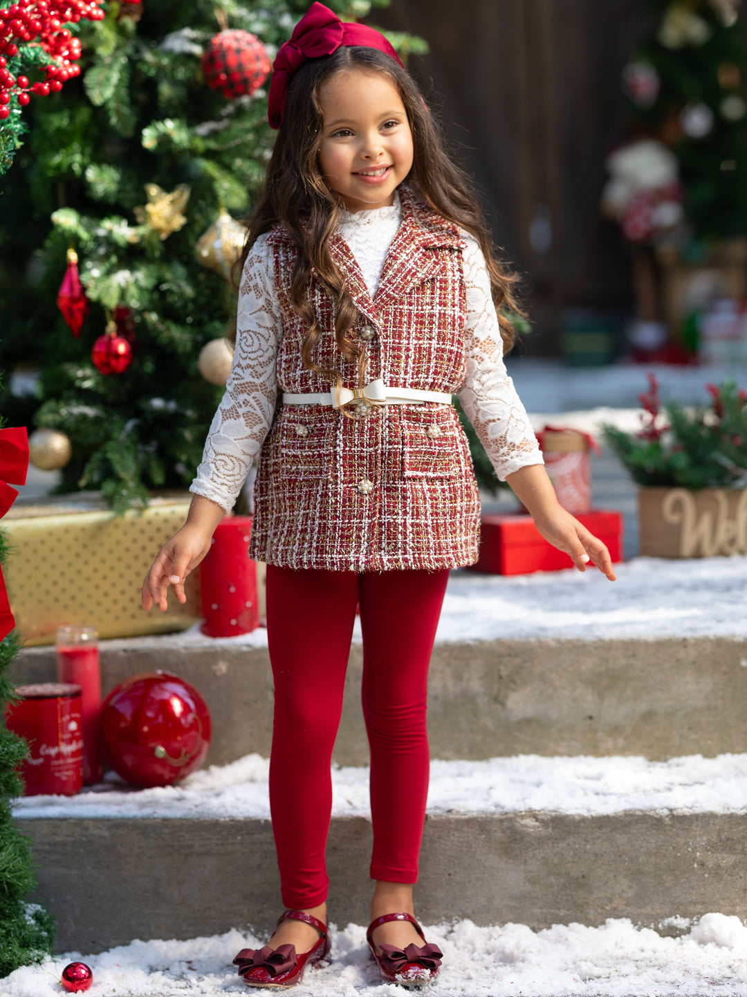 Frosty and Chic White Lace Top, Tweed Vest, Belt and Legging Set Mia Belle Girls